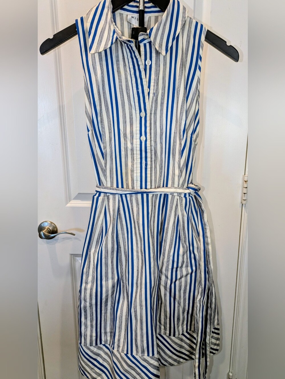 Milly Blue White Striped Sleeveless Shirt Dress Tie Waist Size 4 Made USA